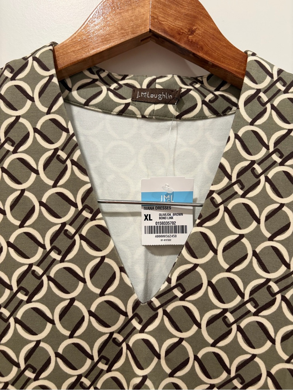J. McLaughlin Beige and Black Geometric Midi Dress with V-Neck - Picture 2 of 3